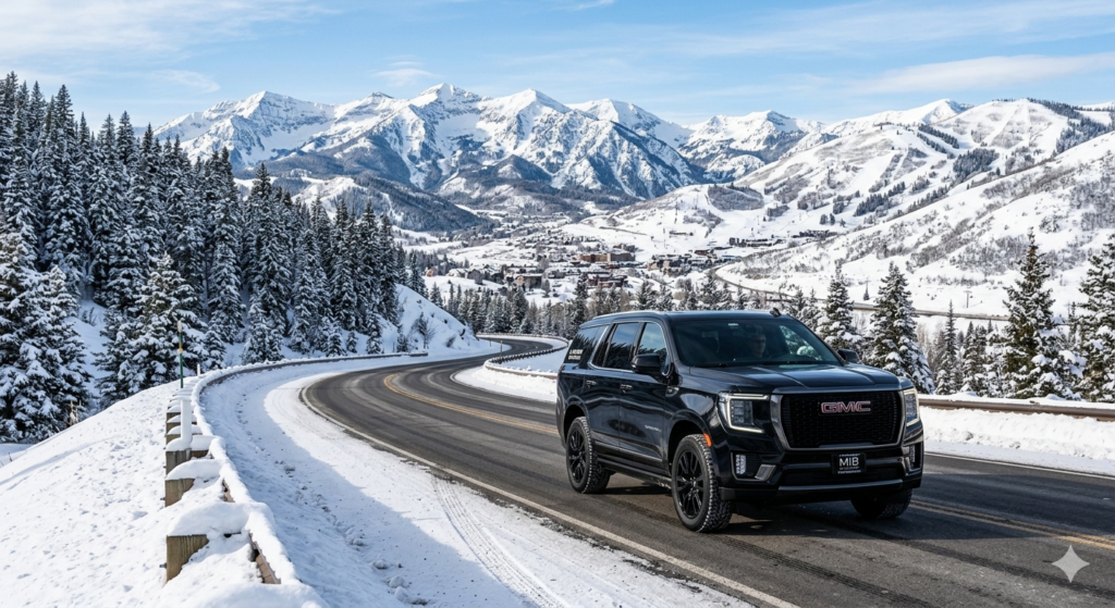 The image features a luxurious, black GMC Yukon Denali XL from the MIB Limousine LLC fleet, driving on a winding, snow-dusted mountain highway near Park City. It highlights the mountain-ready nature of the service, complete with a "MIB Limousine LLC" license plate and a "Top Rated 5-Star" decal, set against a stunning winter mountain backdrop.