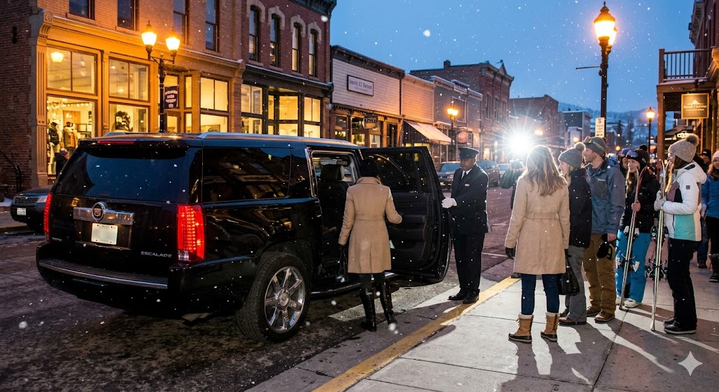 Ground-level, candid twilight photograph capturing a blacked-out luxury SUV arrival at a Park City resort with a paparazzi flash illuminating the scene.