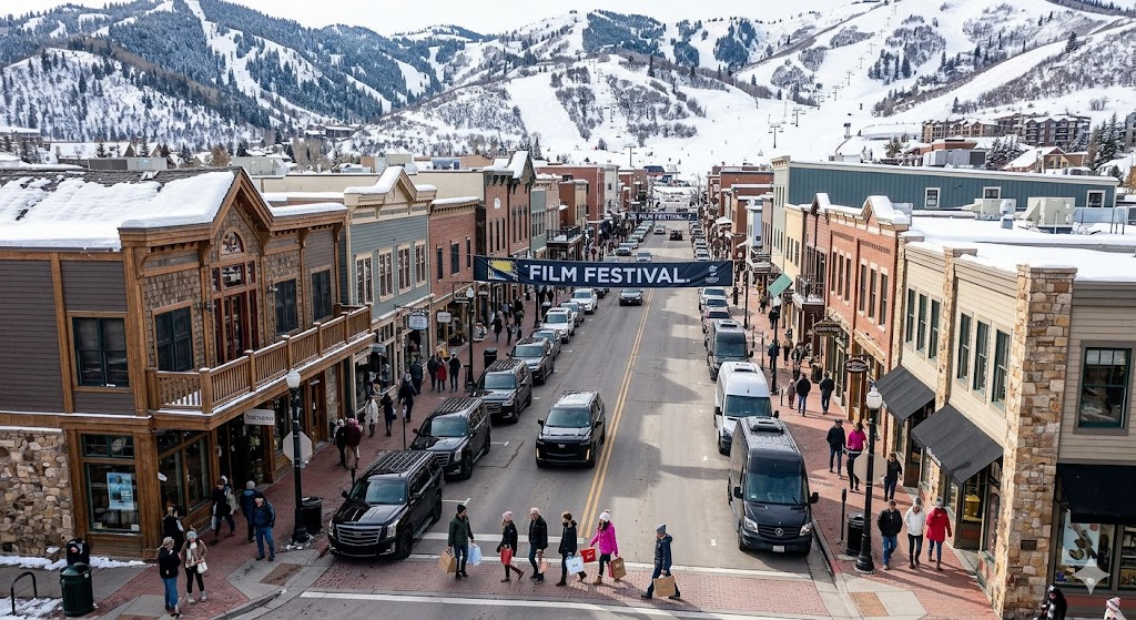 High-resolution aerial shot of Main Street Park City Utah during a film festival, with pedestrians and luxury black SUVs and Sprinter vans
