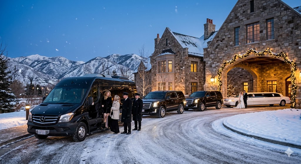 High-resolution twilight photograph of a professional black luxury wedding shuttle fleet, including Sprinters and SUVs, moving guests safely at a snowy Utah venue with mountains in the background.