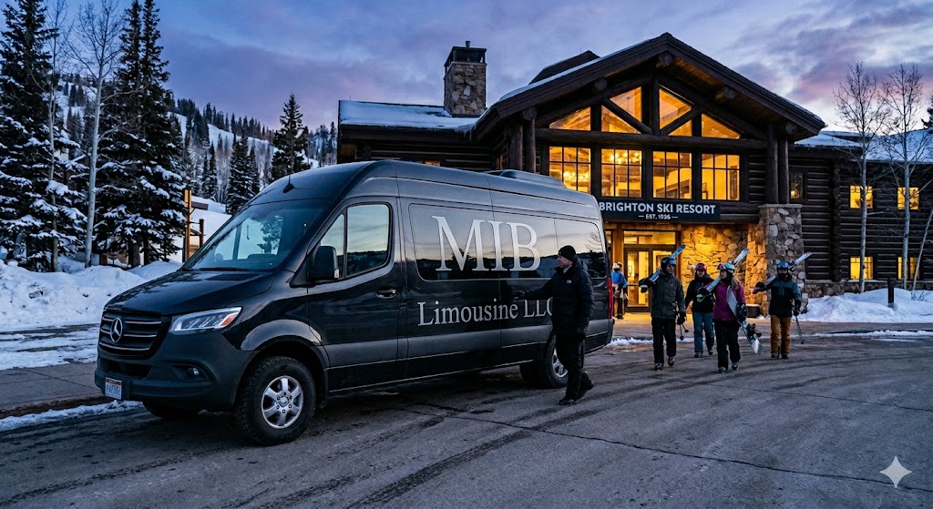 Black luxury sprinter van by MIB Limousine LLC providing private transport to Brighton Ski Resort in Utah.
