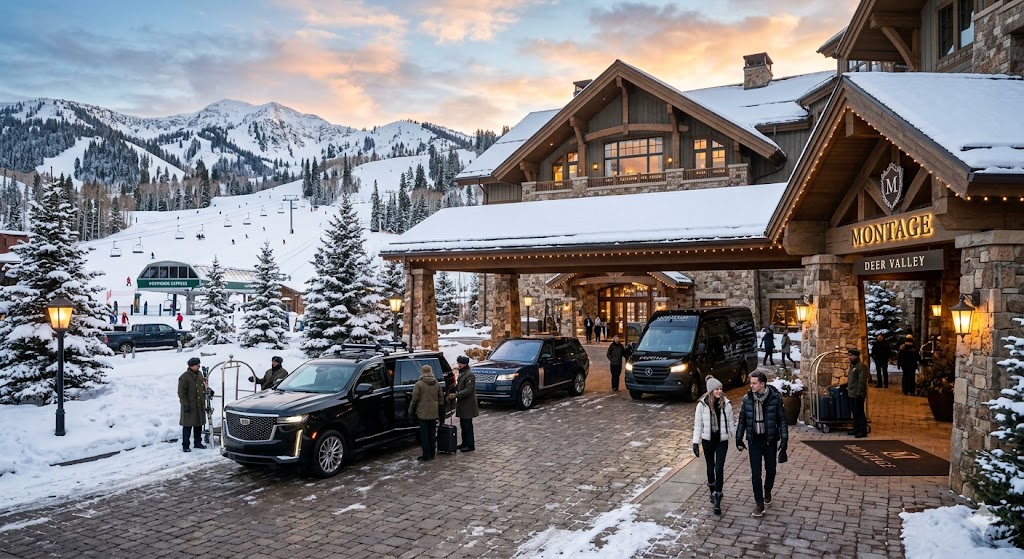 Luxury group shuttle from Salt Lake City to Park City arrives at Montage Deer Valley, featuring black SUV and Sprinter van during winter golden hour.