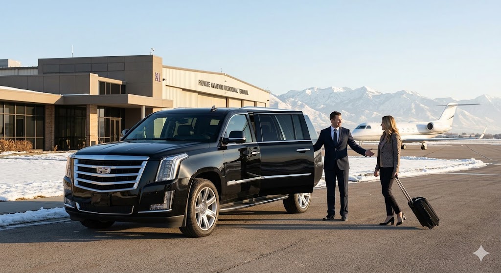 MIB chauffeur and black luxury SUV providing elite SLC airport to Deer Valley logistics for private aviation passengers against a backdrop of snowy Utah mountains.
