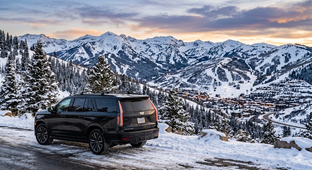 Luxury 4WD black SUV providing private transportation from Salt Lake City Airport to Park City Utah during winter