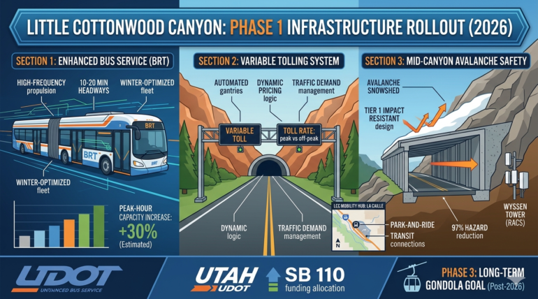 Technical infographic visualizing Little Cottonwood Canyon Gondola Phase 1 focusing on 2026 electric bus BRT deployment, variable tolling, and the $120M mid-canyon avalanche snowshed engineering gap.