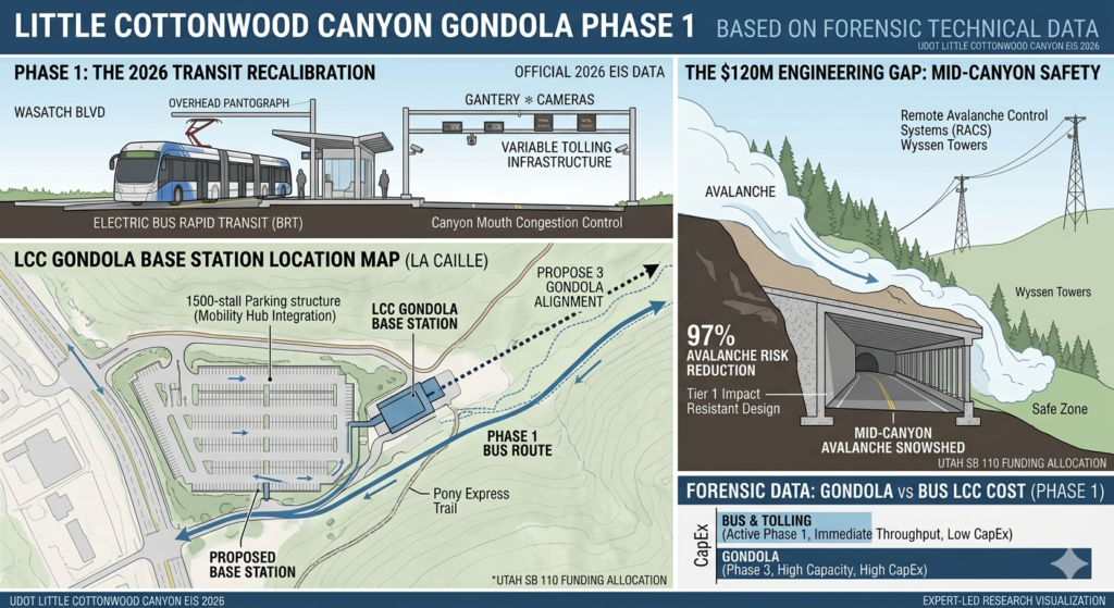 Technical infographic of Little Cottonwood Canyon Gondola Phase 1 highlighting the 2026 UDOT EIS data, including Electric Bus BRT transit recalibration, the $120M mid-canyon avalanche snowshed engineering gap, and the LCC Gondola base station location map at La Caille.
