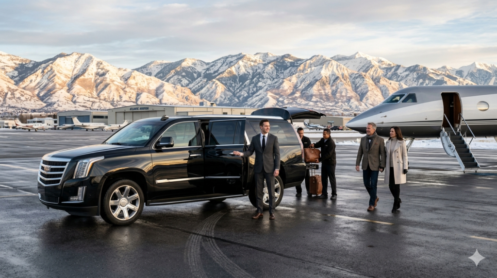 Luxury private car service at SLC airport terminal tarmac with a premium executive SUV chauffeured transit arrival for Park City.