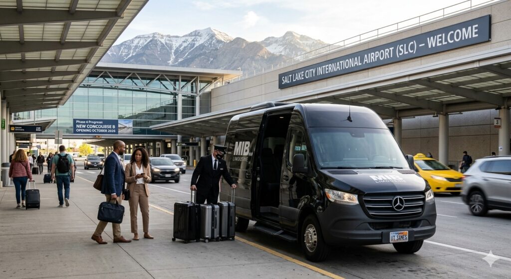 MIB Limousine luxury Mercedes-Benz Sprinter shuttle at Salt Lake City International Airport (SLC) Terminal, showcasing Phase 4 expansion signage and the Wasatch Mountains in May 2026.