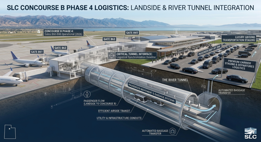 Technical diagram of SLC International Airport Phase 4 expansion showing landside logistics staging and River Tunnel integration for 2026 operations.