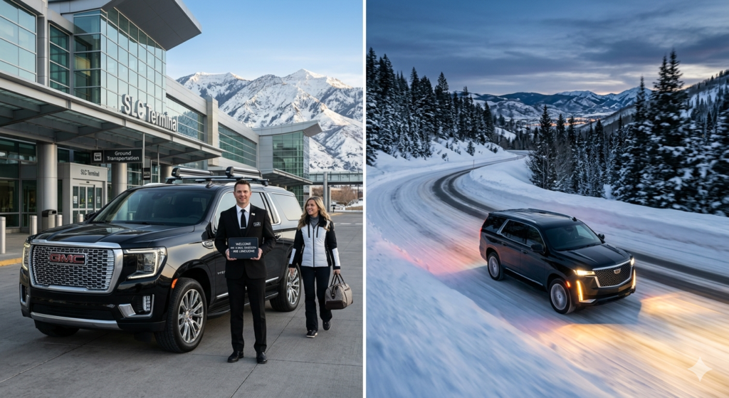 Close-up of a professional chauffeur in executive attire holding a digital greeting tablet. Alt-text: MIB Limousine meet and greet service at Salt Lake City Airport.