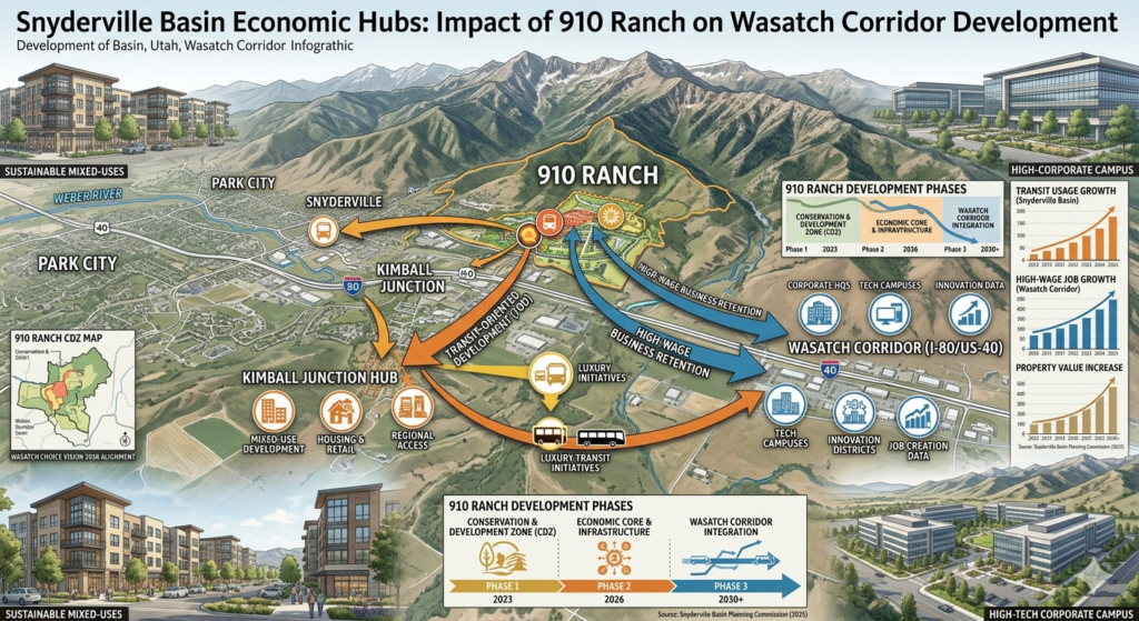 Technical infographic showing the economic impact of the 910 Ranch on Snyderville Basin, Utah, illustrating transit-oriented development hubs and the creation of private luxury transit corridors.