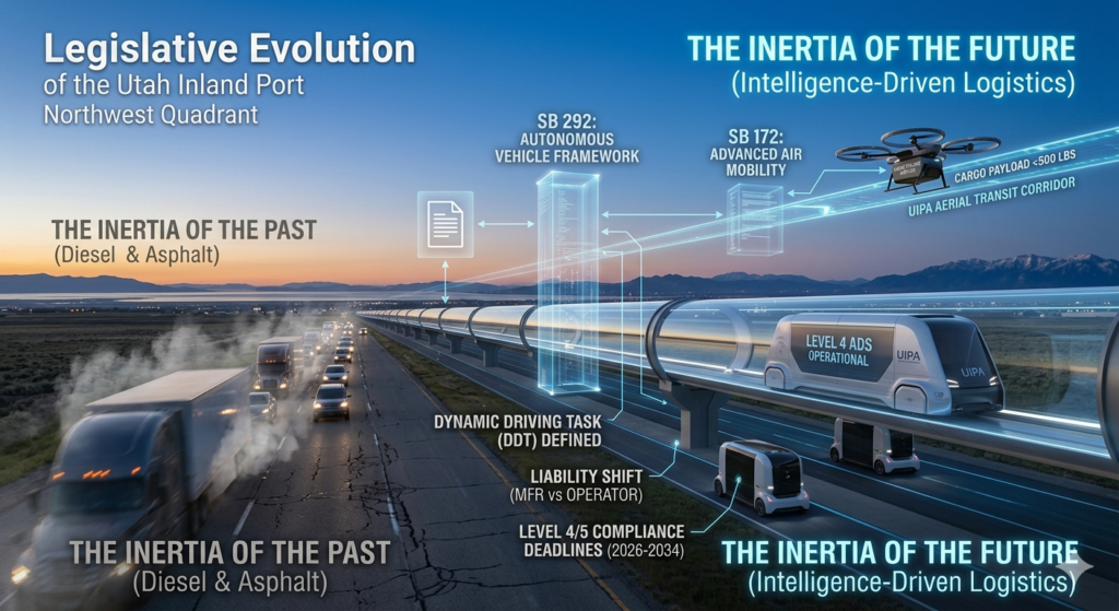 A wide-angle, conceptual drone photograph of the Utah Inland Port Northwest Quadrant at twilight, split diagonally to contrast legacy diesel trucking on cracked asphalt with future intelligence-driven logistics. Holographic interfaces highlight SB 292 (Autonomous Vehicle Framework, Level 4 ADS, Dynamic Driving Task, Liability Shift) and SB 172 (Advanced Air Mobility, Cargo Drones, Aerial Transit Corridor), illustrating the compliance shift from 2026-2034.