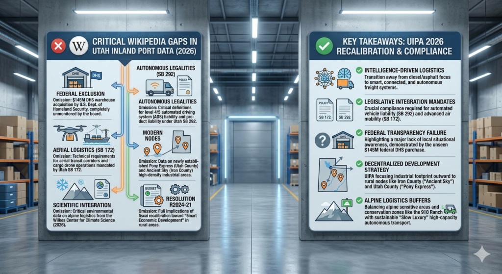 A technical infographic displayed on warehouse pillars comparing critical Wikipedia data gaps in Utah Inland Port information with 2026 recalibration key takeaways, including SB 292, SB 172, and the $145M federal warehouse acquisition.