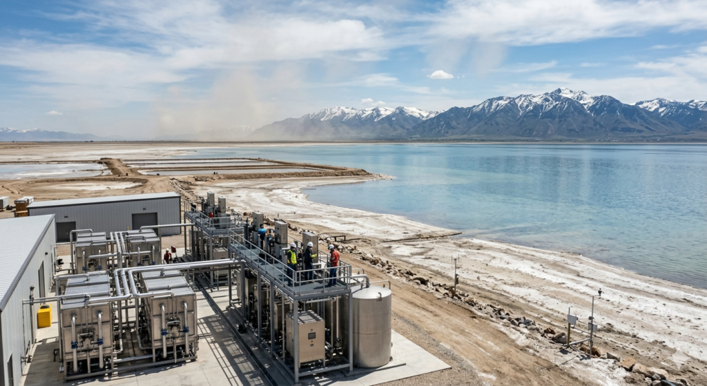 A Direct Lithium Extraction (DLE) pilot facility operating on the exposed shoreline of the Great Salt Lake, Utah, in 2026. The Wasatch Mountains are visible in the background.