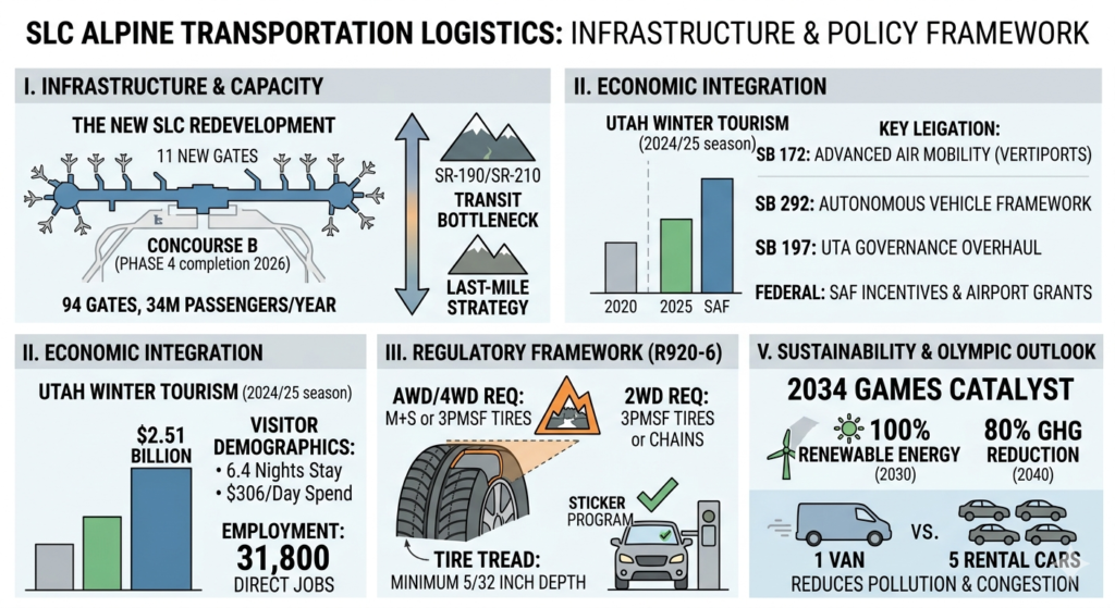 Schematic of SLC airport redevelopment, Utah winter tourism data, UDOT R920-6 tire standards, and 2026 legislative updates.