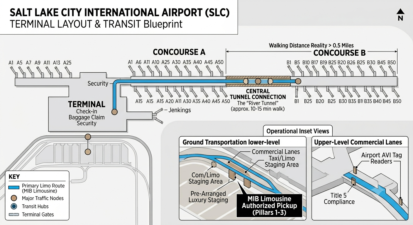 Layout blueprint of the New SLC Airport Terminal showing Concourse A, the Central Tunnel connection, and Concourse B gate gates.