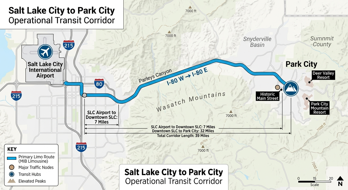 Route map showing the transit corridor from Salt Lake City International Airport to Park City resort destinations via the I-80 corridor.
